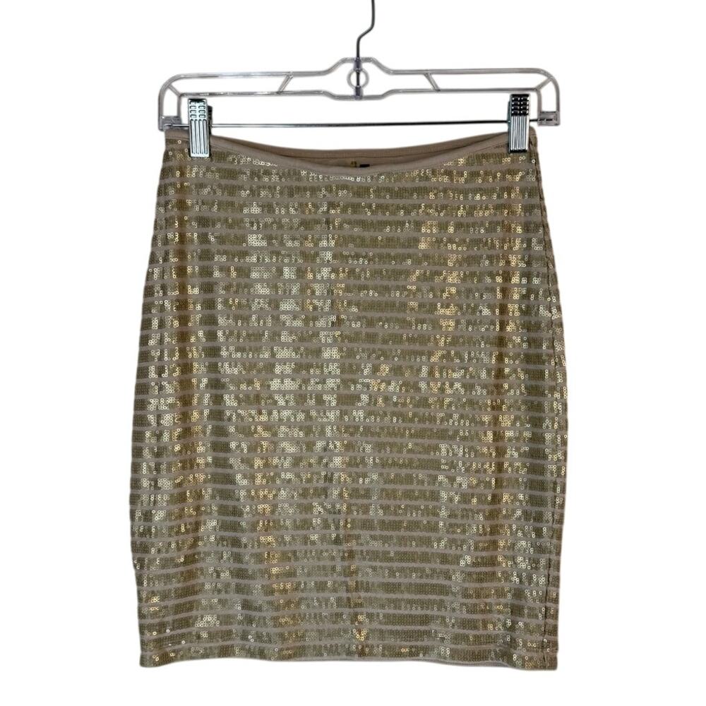 Tart Beige & Gold Sequins Pull On Bodycon Stretchy Chic‎ Mini Skirt Size M